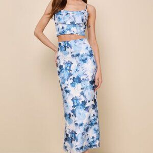 Lulus Sweet Wonder White And Blue Floral Slip Midi Skirt - Size XS